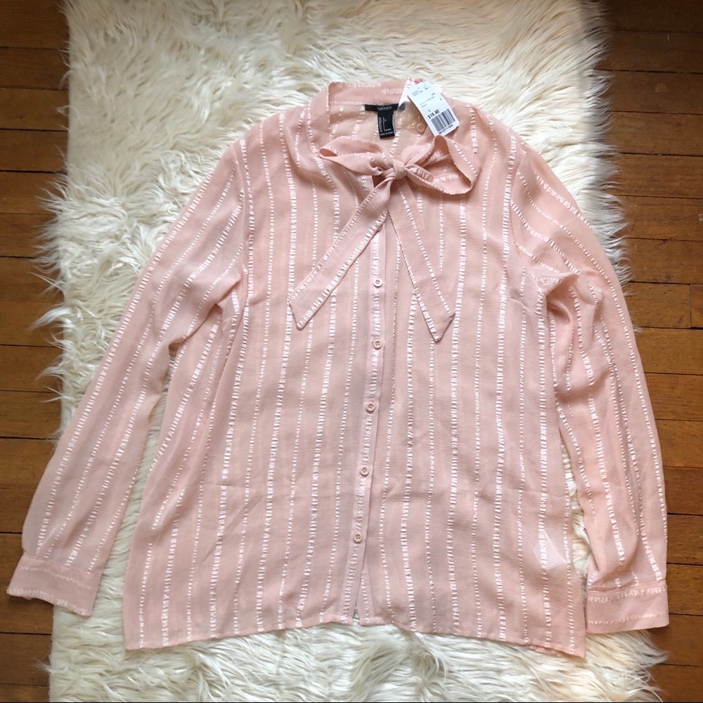 Forever 21 Blush Button Blouse W/ Bow NWT Sz L